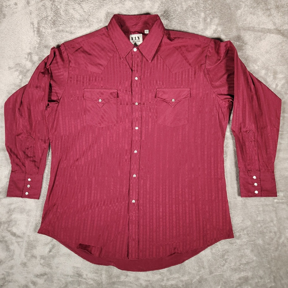 Ely Cattleman Western Shirt Mens XL Maroon Excellent Pearl Snap Jacquard Stripe